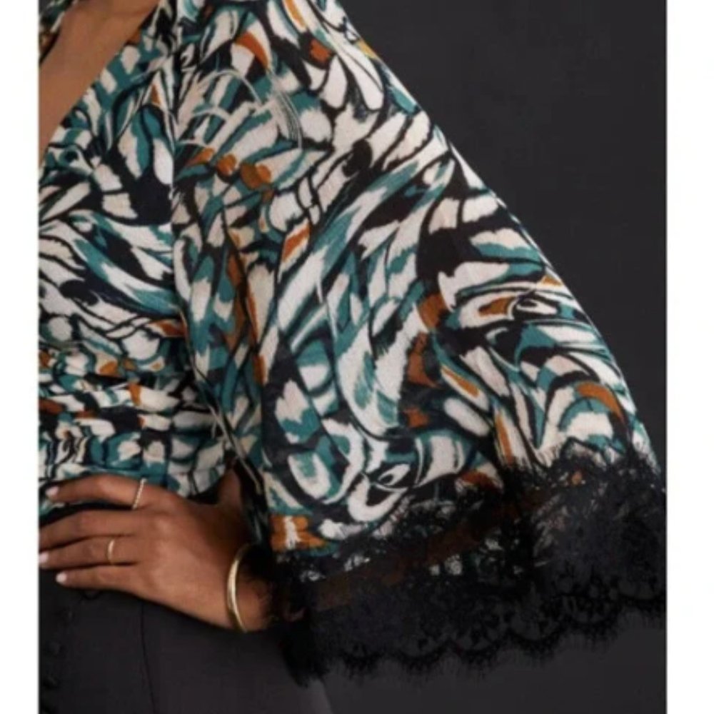 Anthropologie Green Wrap Top, Lace Trim (NWOT) - Picture 3 of 3